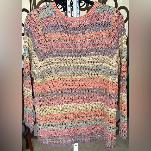 Sigrid Olsen Sport Open Knit Sweater XL Pastel Striped Lightweight - Picture 6 of 8